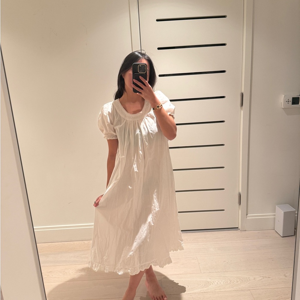 White straw London amber dress Anglaise puff sleeve cotton